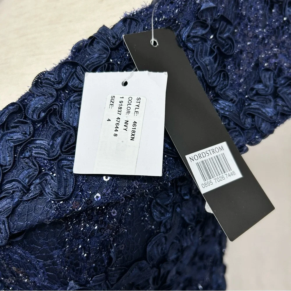 Xscape Navy Blue Rosette Sequin Lace Mermaid Off Shoulder Prom Gown Size 4 - Picture 8 of 10